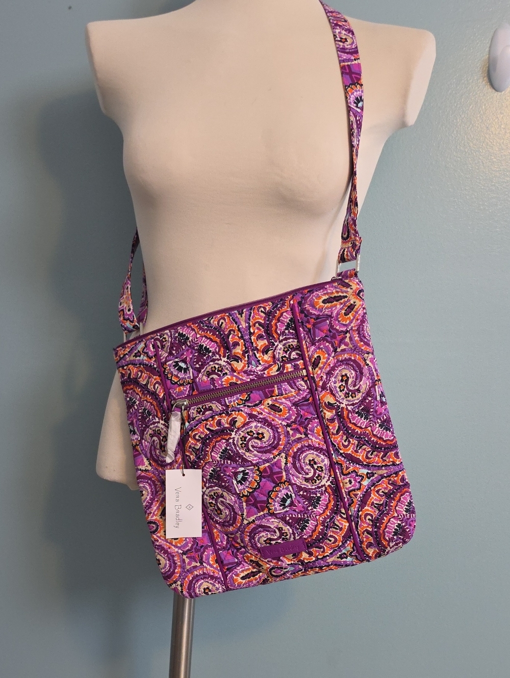 Vera Bradley Purple Paisley Quilted Crossbody Bag with Pink & Orange Accents
